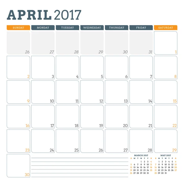 Modèle de planificateur de calendrier pour avril 2017. La semaine commence dimanche. 3 mois à la page. Place pour les notes. Papeterie Design. Modèle de calendrier vectoriel — Image vectorielle