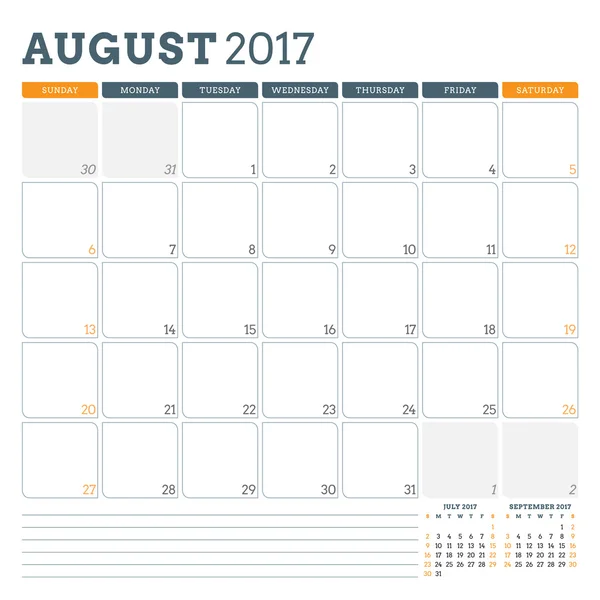 Kalendarz Planner szablon na sierpień 2017. Tydzień rozpoczyna się niedziela. 3 miesiące na stronie. Miejsce dla notatek. Projektowanie papeterii. Szablon kalendarza wektorowego — Wektor stockowy