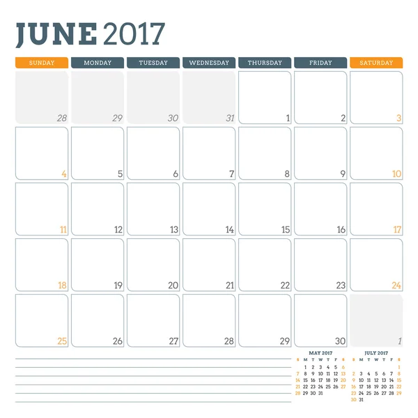 Plantilla de planificador de calendario para junio de 2017. La semana empieza el domingo. 3 meses en la página. Lugar para Notas. Diseño de Papelería. Plantilla de calendario vectorial — Archivo Imágenes Vectoriales
