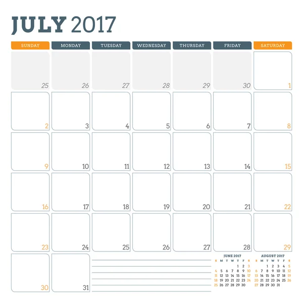 Шаблон планування календаря на липень 2017 року. Тиждень починається неділя. 3 місяці на сторінці. Місце для записів. Дизайн канцелярського приладдя. Векторний шаблон календаря — стоковий вектор