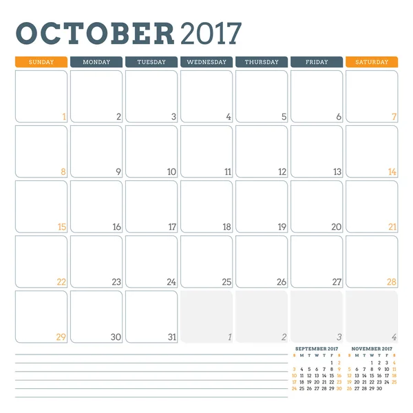 Kalenderplaner-Vorlage für Oktober 2017. Woche beginnt Sonntag. 3 Monate auf Seite. Platz für Notizen. Schreibwarendesign. Vektorkalendervorlage — Stockvektor