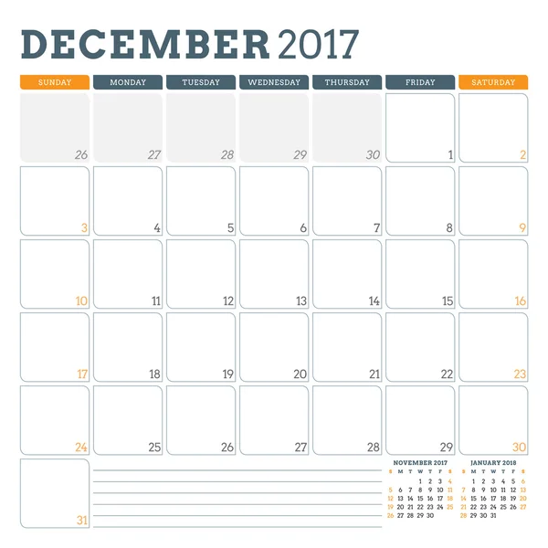 Πρότυπο σχεδιασμού ημερολογίου για το Δεκέμβριο 2017. Η εβδομάδα ξεκινά την Κυριακή. 3 μήνες στη σελίδα. Μέρος για σημειώσεις. Σχεδιασμός επιστολόχαρτου. Μοντέλο διανυσματικού ημερολογίου — Διανυσματικό Αρχείο