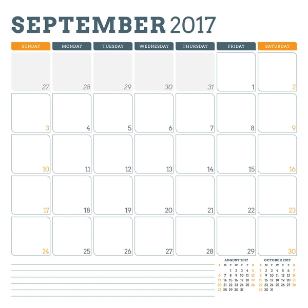 Kalenderplaner-Vorlage für September 2017. Woche beginnt Sonntag. 3 Monate auf Seite. Platz für Notizen. Schreibwarendesign. Vektorkalendervorlage — Stockvektor