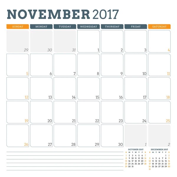 Modèle de planificateur de calendrier pour novembre 2017. La semaine commence dimanche. 3 mois à la page. Place pour les notes. Papeterie Design. Modèle de calendrier vectoriel — Image vectorielle