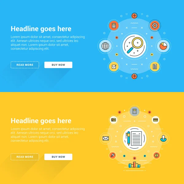フラットラインビジネスウェブサイトバナーテンプレートのセット。ベクトルイラスト。ウェブサイトバナーのビジネスコンセプト。円の現代の細い線のストロークのアイコン — ストックベクタ