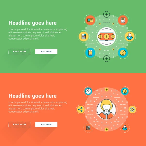 フラットラインビジネスウェブサイトバナーテンプレートのセット。ベクトルイラスト。ウェブサイトバナーのビジネスコンセプト。円の現代の細い線のストロークのアイコン — ストックベクタ