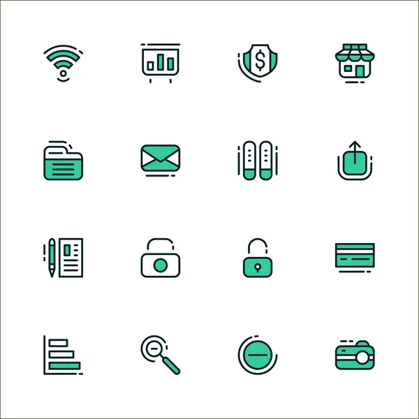 Conjunto de iconos de elementos y elementos de flujo de trabajo empresarial, equipos de oficina y cosas así. Color verde, aislado sobre fondo blanco — Vector de stock