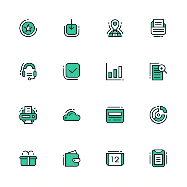 Conjunto de ícones de itens de fluxo de trabalho de negócios e elementos, equipamentos de escritório e outras coisas. Colorido em verde, isolado sobre fundo branco —  Vetores de Stock