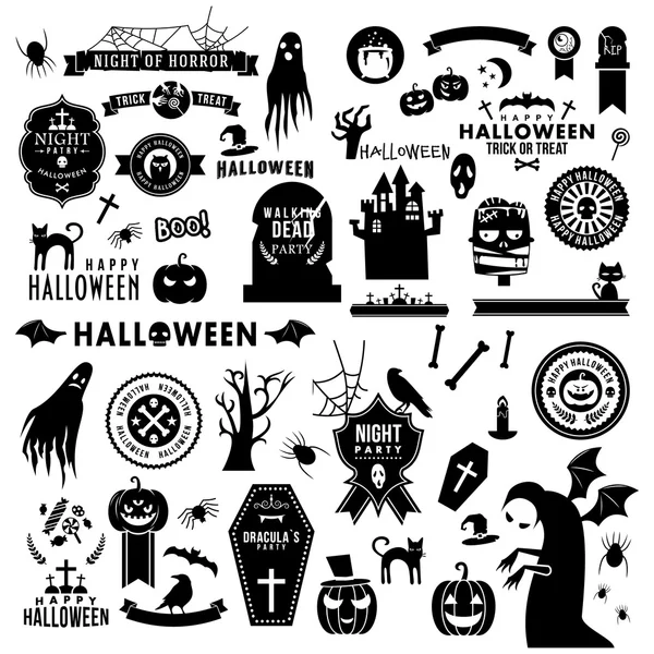 Zestaw Happy Halloween czarne sylwetki. Elementy dekoracyjne. Ilustracja wektorowa — Wektor stockowy