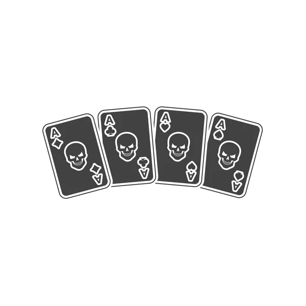 A winning poker hand of four aces playing cards. Playing cards with scull. Logo element. Black silhouette on white background — Stock Vector