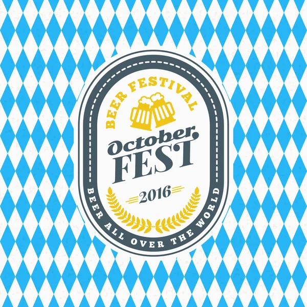 Bierfestival Oktoberfest viering. Label retro-stijl badge, embleem op blauwe en witte ruit achtergrond. Vectorillustratie. Bier labelsjabloon — Stockvector