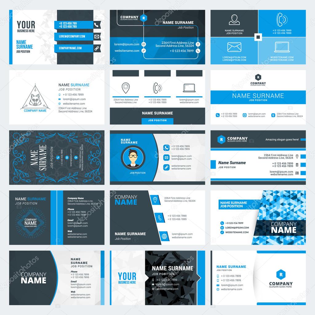 Set of modern creative business card templates. Blue and black colors. Flat style vector illustration. Stationery design