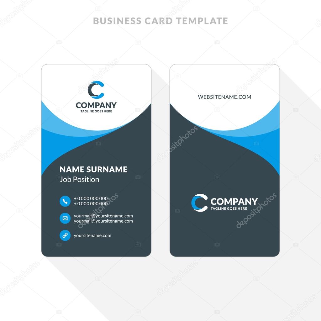 Vertical Double-sided Business Card Template. Blue and Black Colors. Flat Design Vector Illustration. Stationery Design