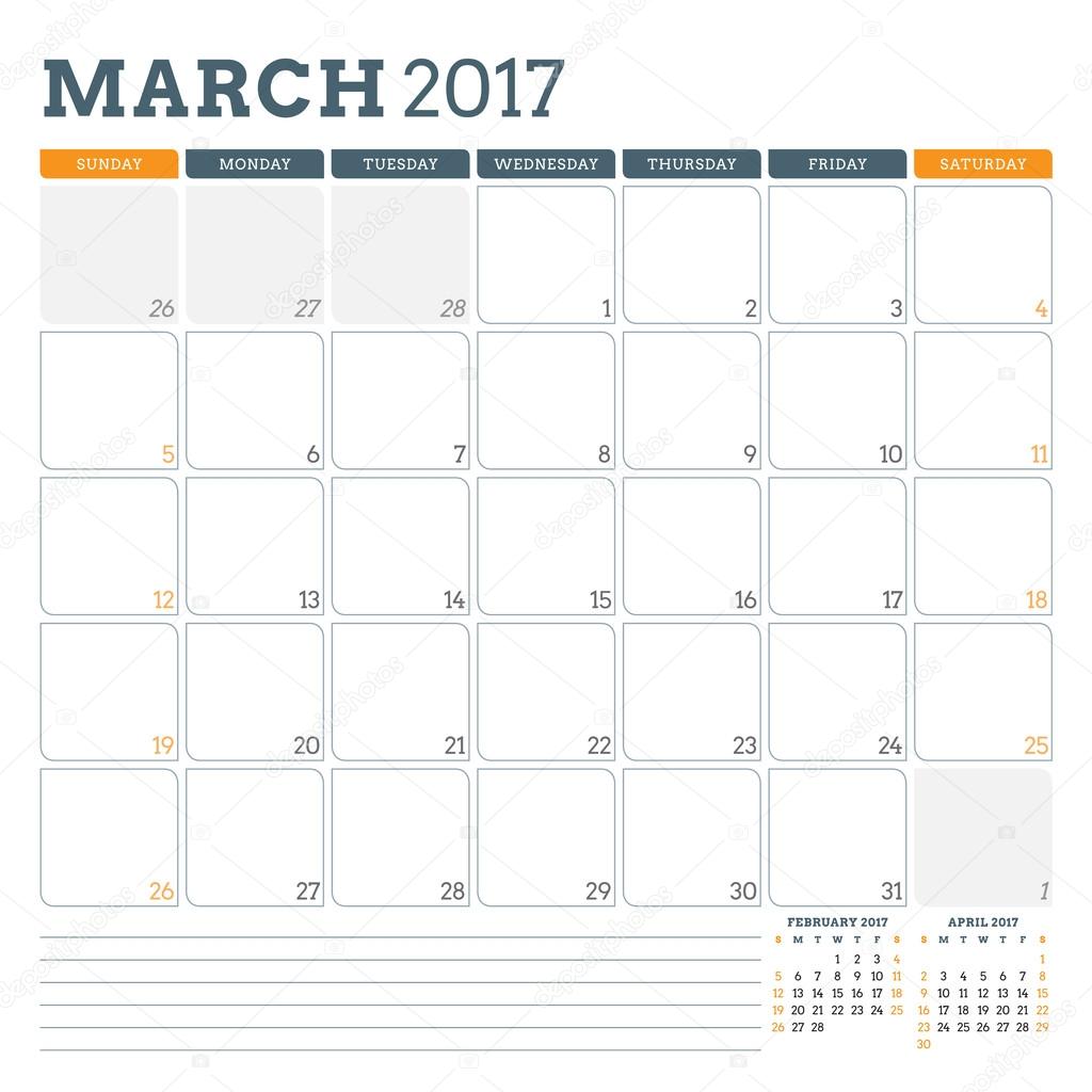 Calendar Planner Template for March 2017. Week Starts Sunday. 3 Months on Page. Place for Notes. Stationery Design. Vector Calendar Template