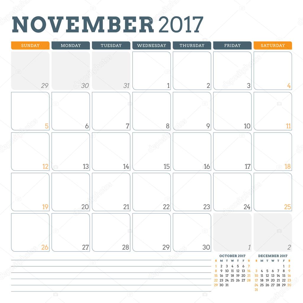 Calendar Planner Template for November 2017. Week Starts Sunday. 3 Months on Page. Place for Notes. Stationery Design. Vector Calendar Template