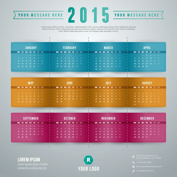 Kalender startar 2015 vector mall vecka måndag — Stock vektor