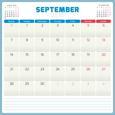 Takvim planlayıcısı 2015 şablon hafta Pazartesi başlıyor.