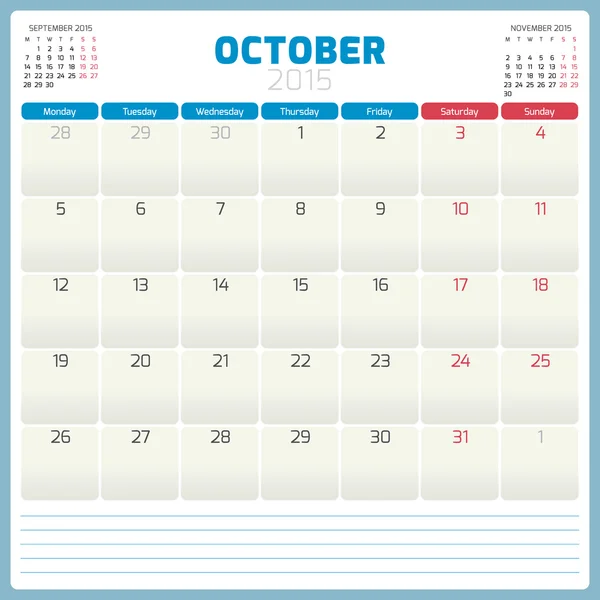 Kalenderplaner 2015 Vorlagenwoche beginnt Montag — Stockvektor