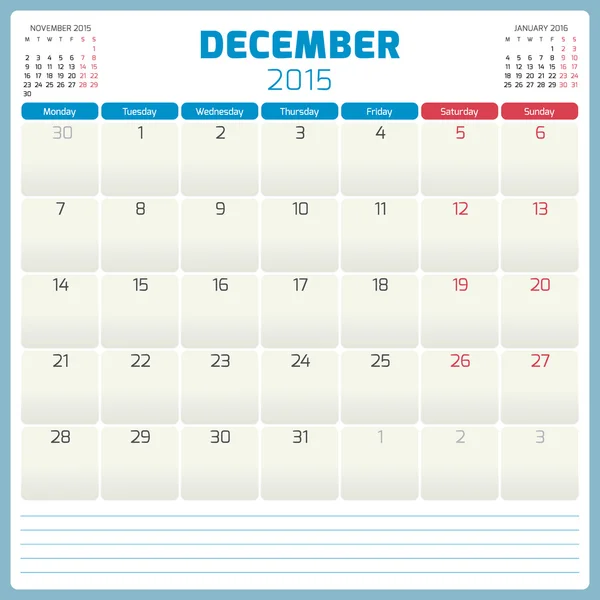 Calendrier planificateur 2015 modèle semaine commence lundi — Image vectorielle