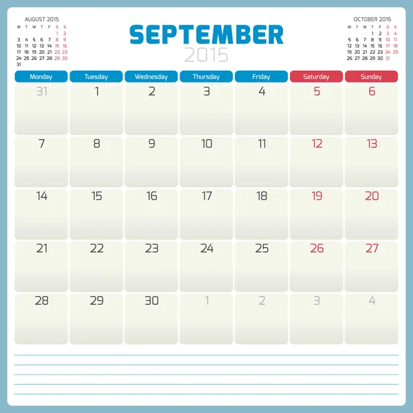 Calendrier planificateur 2015 modèle semaine commence lundi — Image vectorielle