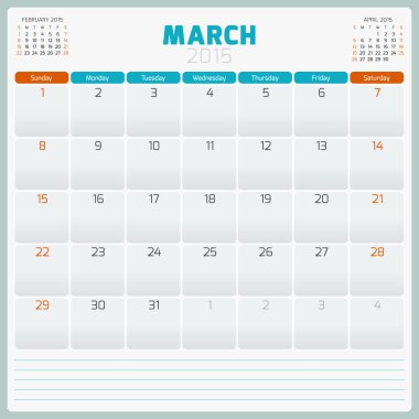 Takvim planlayıcısı 2015 şablon haftası Pazar günü başlar.