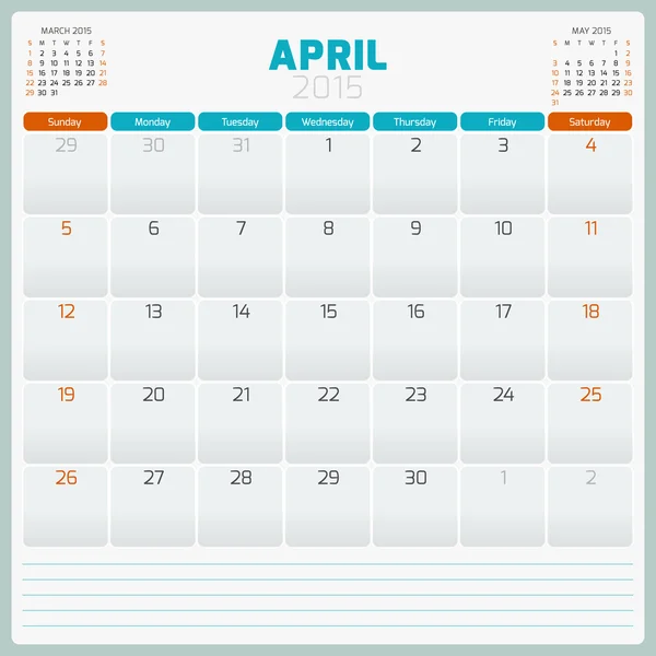 Planificador de calendario 2015 plantilla semana comienza domingo — Vector de stock