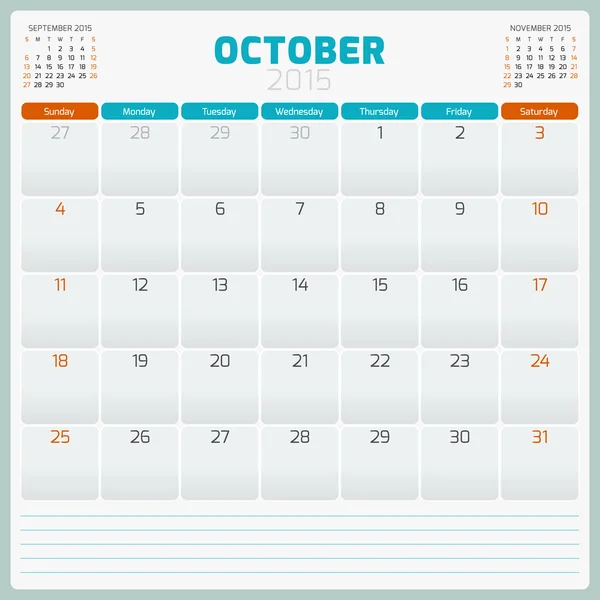 Calendrier planificateur 2015 modèle semaine commence dimanche — Image vectorielle