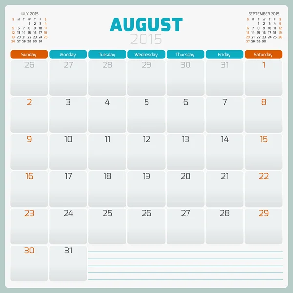 Kalendář planner 2015 šablony den týdne neděle — Stockový vektor