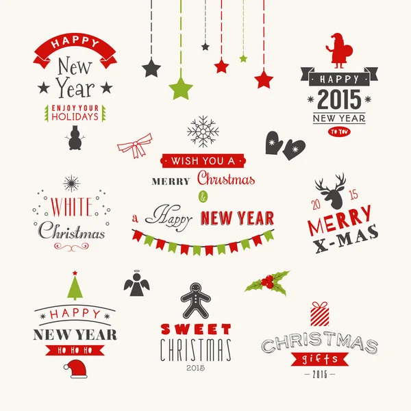 Conjunto de decoración navideña de elementos de diseño caligráfico y tipográfico, etiquetas, símbolos, iconos, objetos y deseos navideños Gráficos vectoriales