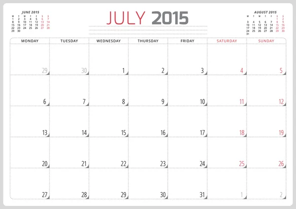 Calendario planificador 2015 plantilla semana comienza lunes — Vector de stock