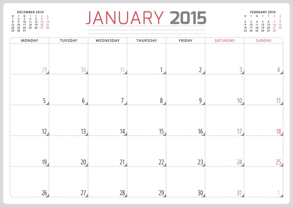 Calendario planificador 2015 plantilla semana comienza lunes — Vector de stock