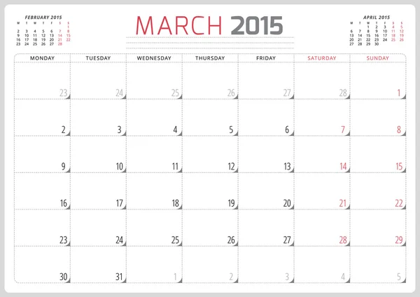 Perencana kalender 2015 templat minggu dimulai Senin - Stok Vektor