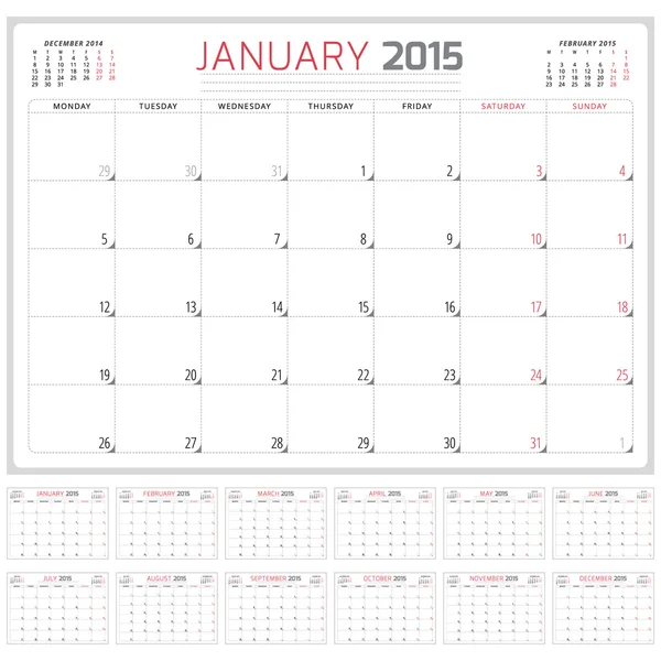 Calendario planificador 2015 plantilla semana comienza lunes — Vector de stock