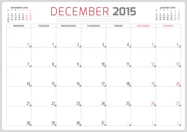 Calendrier planificateur 2015 modèle semaine commence lundi — Image vectorielle