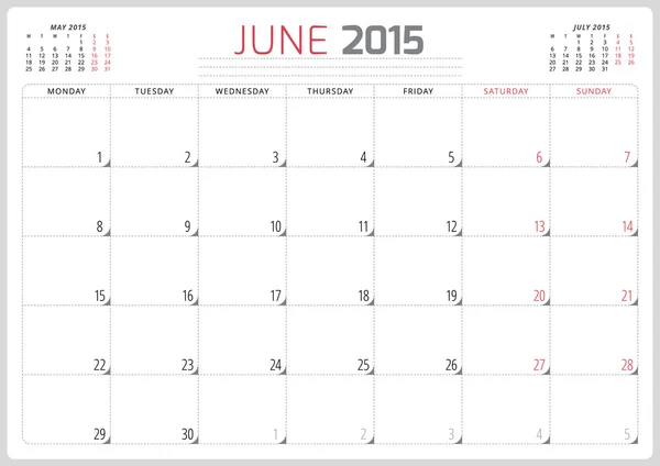 Calendario 2015 template week inizia lunedì — Vettoriale Stock