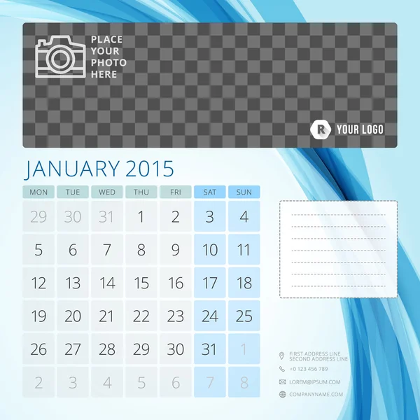 Calendar 2015 January template with place for photo — Stock Vector