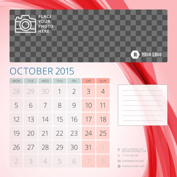 Calendario 2015 plantilla de octubre con lugar para la foto — Vector de stock