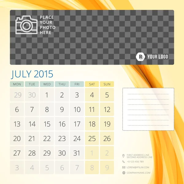 Calendar 2015 July template with place for photo — Stock Vector