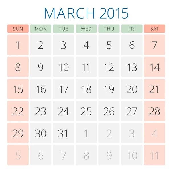 Calendario 2015 Marzo modello di progettazione vettoriale — Vettoriale Stock