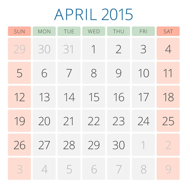 Kalendář 2015 šablona návrhu vektorové duben — Stockový vektor