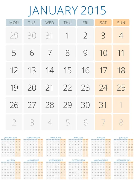 Calendario 2015 12 meses plantilla de diseño vectorial — Vector de stock