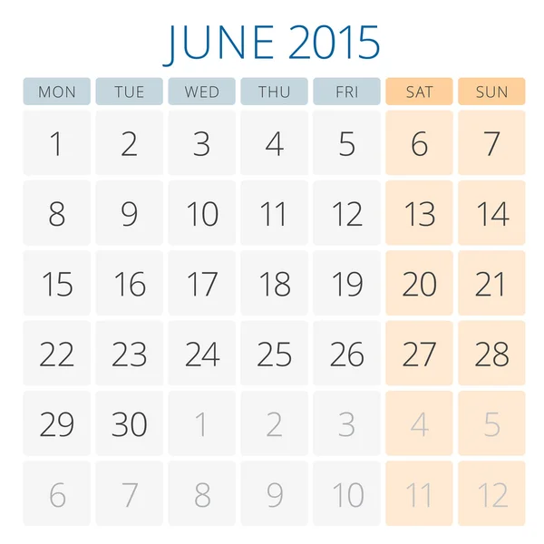 Calendario 2015 Giugno modello di progettazione vettoriale — Vettoriale Stock