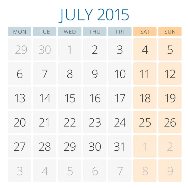 Calendario 2015 Luglio modello di progettazione vettoriale — Vettoriale Stock