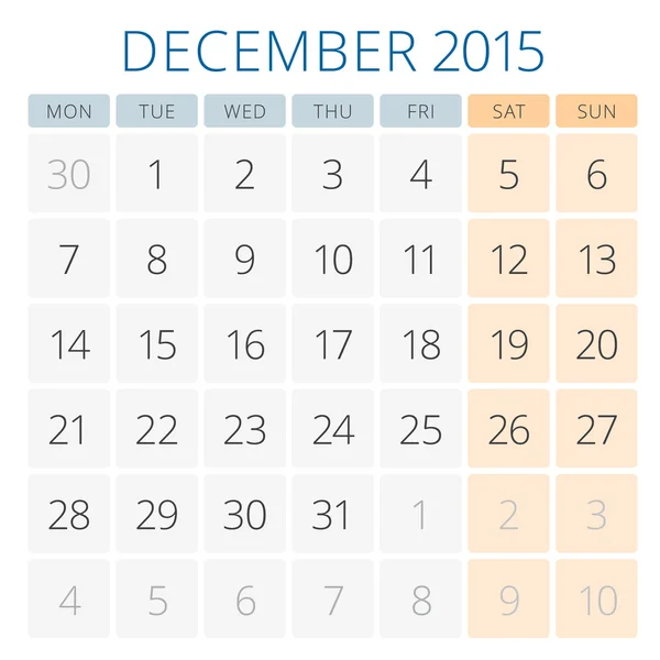 Kalender voor 2015 december vector ontwerpsjabloon — Stockvector