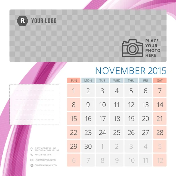 Calendar 2015 November mall med plats för foto. Veckan startar söndag — Stock vektor