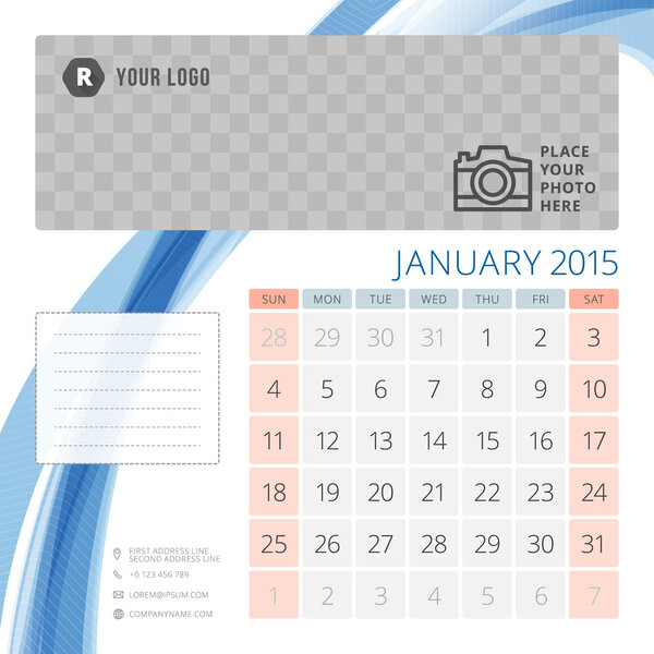 Calendar 2015 January template with place for photo. Week starts sunday