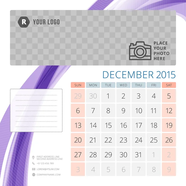 Calendrier 2015 Modèle de décembre avec place pour la photo. La semaine commence dimanche — Image vectorielle