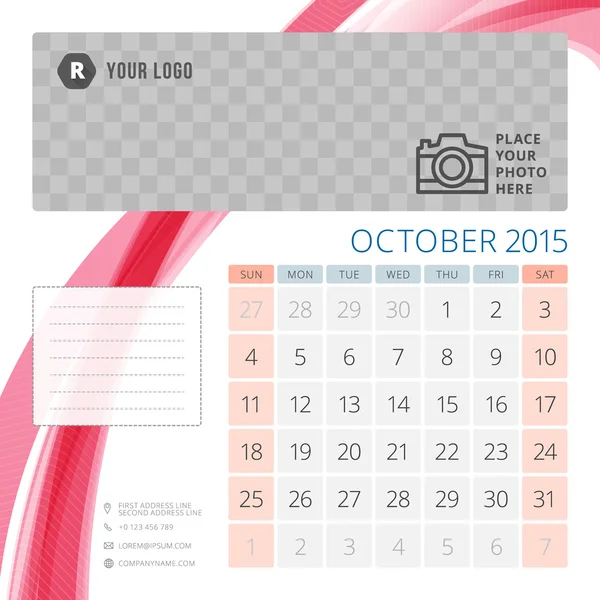 Календарь 2015 Октябрь шаблон с местом для фото. Неделя начинается в воскресенье — стоковый вектор