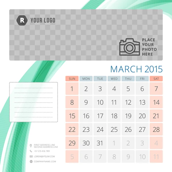 Calendario 2015 Plantilla de marzo con lugar para la foto. La semana comienza el domingo — Vector de stock