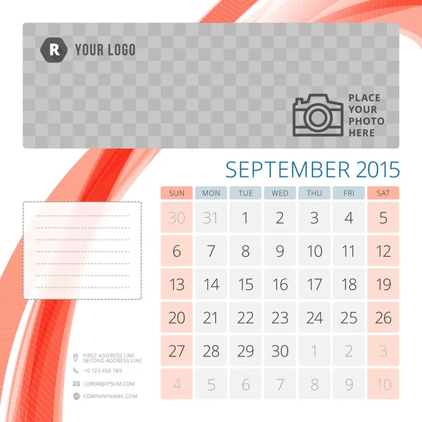 Calendrier 2015 Modèle de septembre avec place pour la photo. La semaine commence dimanche — Image vectorielle